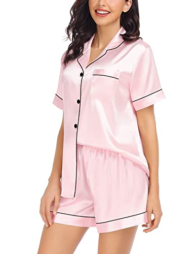 SWOMOG Womens 3 Piece Silk Satin Pajamas Short Sleeve Pjs Sets Shorts and Capri Bottom Pajama Pants Loose Outfit Sleepwear Pink