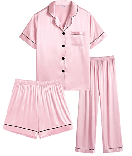 SWOMOG Womens 3 Piece Silk Satin Pajamas Short Sleeve Pjs Sets Shorts and Capri Bottom Pajama Pants Loose Outfit Sleepwear Pink