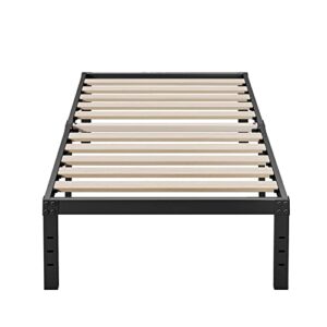 auroral zone twin bed frame 14 inches tall 3 inches wide wood slats with better support for foam mattress no sagging no slip, no box spring needed, noise free, easy assembly-black
