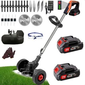cordless weed wacker electric weed eater 21v battery powered brush cutter grass edger, portable grass trimmer/lawn edger/mower/brush cutter, with 5 types blades & wheels for yard and garden