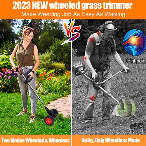 Cordless Weed Wacker Electric Weed Eater 21V Battery Powered Brush Cutter Grass Edger, Portable Grass Trimmer/Lawn Edger/Mower/Brush Cutter, with 5 Types Blades & Wheels for Yard and Garden