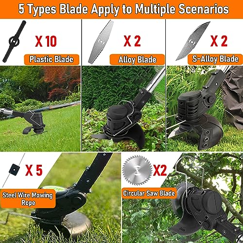 Cordless Weed Wacker Electric Weed Eater 21V Battery Powered Brush Cutter Grass Edger, Portable Grass Trimmer/Lawn Edger/Mower/Brush Cutter, with 5 Types Blades & Wheels for Yard and Garden