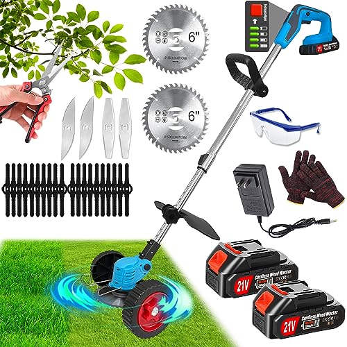 Cordless Weed Wacker Electric Weed Eater with 2 x 21V/2.0Ah Battery Powered and Charger, 3-in-1 Lightweight Brush Cutter Edger Lawn Tool No-String Grass Trimmer Push Wheeled Lawn Mower for Yard Garden