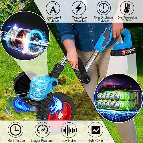 Cordless Weed Wacker Electric Weed Eater with 2 x 21V/2.0Ah Battery Powered and Charger, 3-in-1 Lightweight Brush Cutter Edger Lawn Tool No-String Grass Trimmer Push Wheeled Lawn Mower for Yard Garden