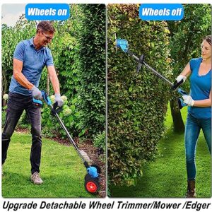 Cordless Weed Wacker Electric Weed Eater with 2 x 21V/2.0Ah Battery Powered and Charger, 3-in-1 Lightweight Brush Cutter Edger Lawn Tool No-String Grass Trimmer Push Wheeled Lawn Mower for Yard Garden