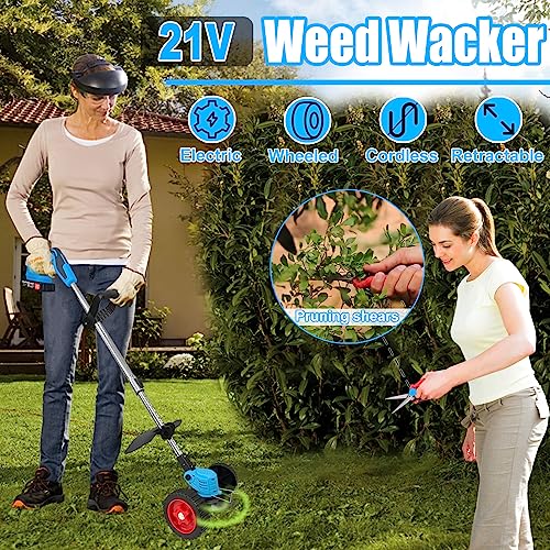 Cordless Weed Wacker Electric Weed Eater with 2 x 21V/2.0Ah Battery Powered and Charger, 3-in-1 Lightweight Brush Cutter Edger Lawn Tool No-String Grass Trimmer Push Wheeled Lawn Mower for Yard Garden