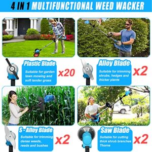 Cordless Weed Wacker Electric Weed Eater with 2 x 21V/2.0Ah Battery Powered and Charger, 3-in-1 Lightweight Brush Cutter Edger Lawn Tool No-String Grass Trimmer Push Wheeled Lawn Mower for Yard Garden