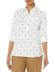 tommy hilfiger women's long sleeve half button roll tab popover shirt, bright white multi