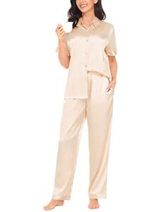 swomog silk pajama set for womens solid satin loungewear short sleeve pj set button down 2 pcs nightwear with pants with pockets champagne