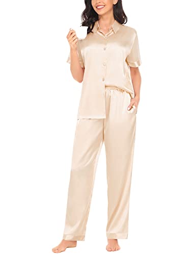 SWOMOG Silk Pajama Set for Womens Solid Satin Loungewear Short Sleeve Pj Set Button Down 2 Pcs Nightwear with Pants with Pockets Champagne