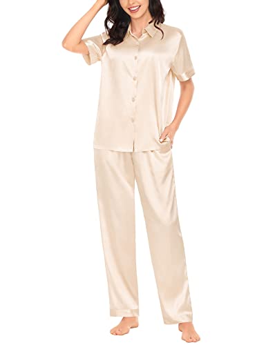 SWOMOG Silk Pajama Set for Womens Solid Satin Loungewear Short Sleeve Pj Set Button Down 2 Pcs Nightwear with Pants with Pockets Champagne