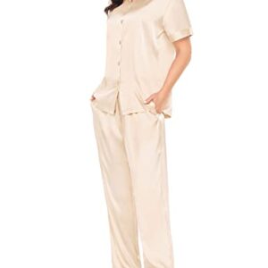 SWOMOG Silk Pajama Set for Womens Solid Satin Loungewear Short Sleeve Pj Set Button Down 2 Pcs Nightwear with Pants with Pockets Champagne