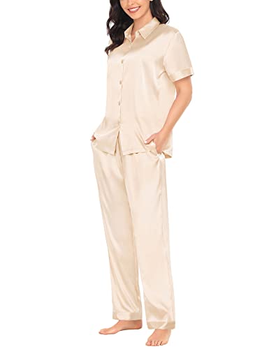 SWOMOG Silk Pajama Set for Womens Solid Satin Loungewear Short Sleeve Pj Set Button Down 2 Pcs Nightwear with Pants with Pockets Champagne