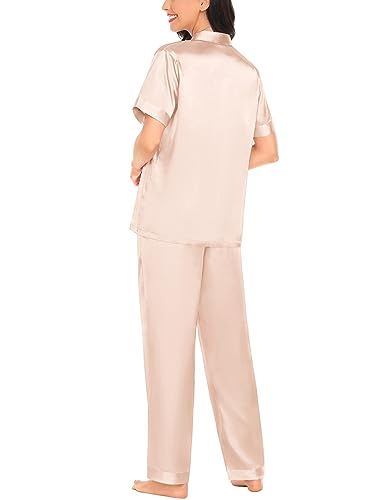 SWOMOG Silk Pajama Set for Womens Solid Satin Loungewear Short Sleeve Pj Set Button Down 2 Pcs Nightwear with Pants with Pockets Champagne