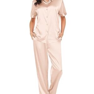 SWOMOG Silk Pajama Set for Womens Solid Satin Loungewear Short Sleeve Pj Set Button Down 2 Pcs Nightwear with Pants with Pockets Champagne