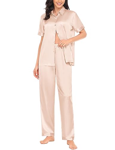 SWOMOG Silk Pajama Set for Womens Solid Satin Loungewear Short Sleeve Pj Set Button Down 2 Pcs Nightwear with Pants with Pockets Champagne