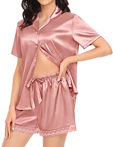 SWOMOG Ladies Pajamas Sets Satin Pajamas Womens Short Sleeve Sleepwear Soft Silky 2 Piece Loungewear Pjs for Bridal