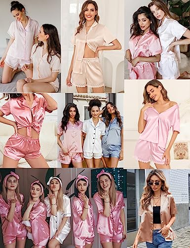 SWOMOG Ladies Pajamas Sets Satin Pajamas Womens Short Sleeve Sleepwear Soft Silky 2 Piece Loungewear Pjs for Bridal