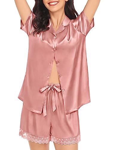 SWOMOG Ladies Pajamas Sets Satin Pajamas Womens Short Sleeve Sleepwear Soft Silky 2 Piece Loungewear Pjs for Bridal