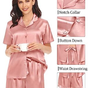 SWOMOG Ladies Pajamas Sets Satin Pajamas Womens Short Sleeve Sleepwear Soft Silky 2 Piece Loungewear Pjs for Bridal