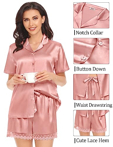 SWOMOG Ladies Pajamas Sets Satin Pajamas Womens Short Sleeve Sleepwear Soft Silky 2 Piece Loungewear Pjs for Bridal