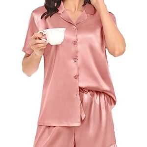 SWOMOG Ladies Pajamas Sets Satin Pajamas Womens Short Sleeve Sleepwear Soft Silky 2 Piece Loungewear Pjs for Bridal