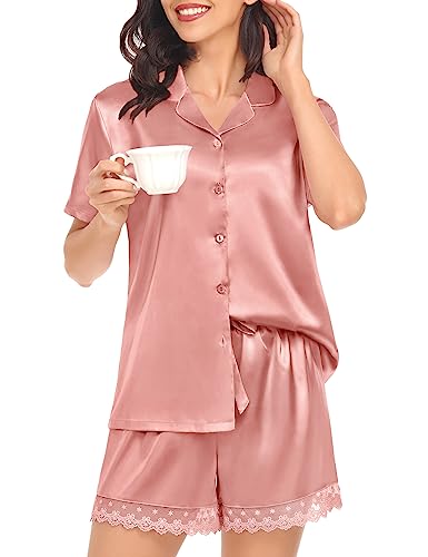 SWOMOG Ladies Pajamas Sets Satin Pajamas Womens Short Sleeve Sleepwear Soft Silky 2 Piece Loungewear Pjs for Bridal