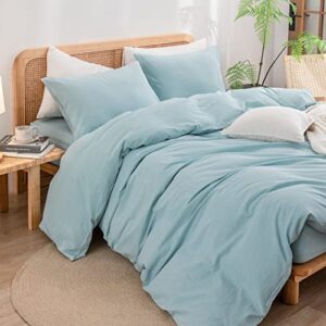 BESTOUCH Duvet Cover Set 100% Washed Cotton Linen Feel Super Soft Comfortable Chic Lightweight 3 PCs Home Bedding Set Solid Hushed Green Full/Double