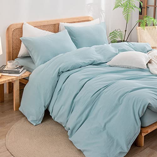 BESTOUCH Duvet Cover Set 100% Washed Cotton Linen Feel Super Soft Comfortable Chic Lightweight 3 PCs Home Bedding Set Solid Hushed Green Full/Double