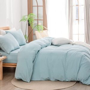 BESTOUCH Duvet Cover Set 100% Washed Cotton Linen Feel Super Soft Comfortable Chic Lightweight 3 PCs Home Bedding Set Solid Hushed Green Full/Double