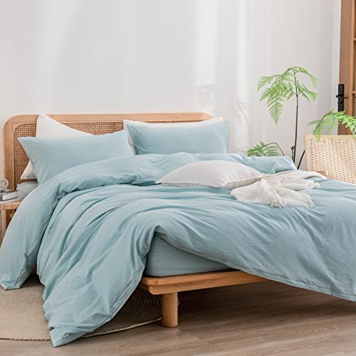 BESTOUCH Duvet Cover Set 100% Washed Cotton Linen Feel Super Soft Comfortable Chic Lightweight 3 PCs Home Bedding Set Solid Hushed Green Full/Double