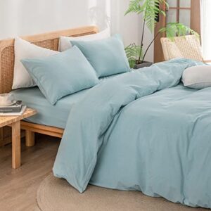 BESTOUCH Duvet Cover Set 100% Washed Cotton Linen Feel Super Soft Comfortable Chic Lightweight 3 PCs Home Bedding Set Solid Hushed Green Full/Double