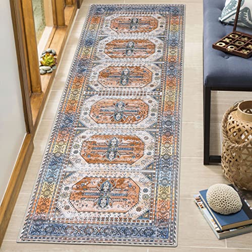 U'Artlines Boho Vintage Tribal Runner Rug for Hallway 2'x6' Long Farmhouse Living Room Carpet with Non Slip Rubber Backing Machine Washable Kitchen Floor mat for Laundry Entryway(Orange)