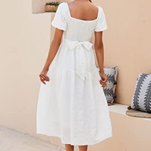 ANNA&CHRIS Womens Summer Puff Sleeve Midi Dress A Line V Neck High Waist Tie Back Smocked Tiered Boho Wrap Dresses White L