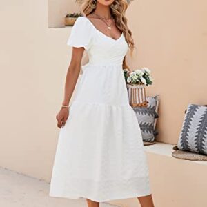 ANNA&CHRIS Womens Summer Puff Sleeve Midi Dress A Line V Neck High Waist Tie Back Smocked Tiered Boho Wrap Dresses White L