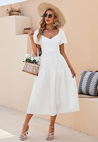 ANNA&CHRIS Womens Summer Puff Sleeve Midi Dress A Line V Neck High Waist Tie Back Smocked Tiered Boho Wrap Dresses White L