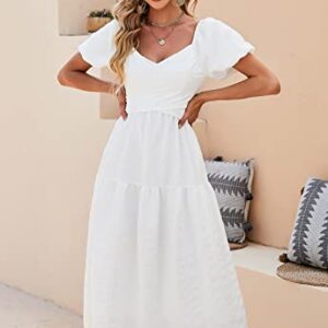 ANNA&CHRIS Womens Summer Puff Sleeve Midi Dress A Line V Neck High Waist Tie Back Smocked Tiered Boho Wrap Dresses White L