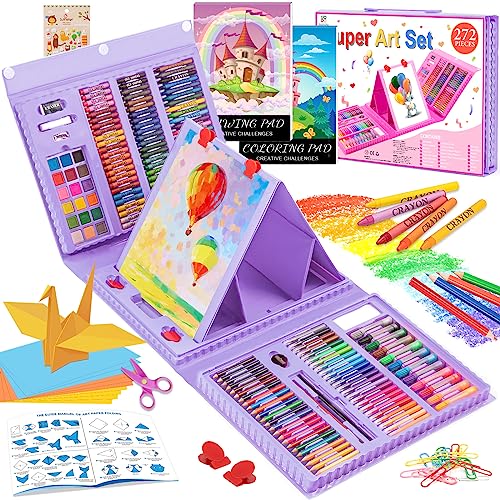 Art Supplies, 272 Pack Art Set Drawing Kit for Girls Boys Teens Artist, Deluxe Gift Art Box with Trifold Easel, Origami Paper, Coloring Pad, Drawing Pad, Pastels, Crayons, Pencils, Watercolors(Purple)
