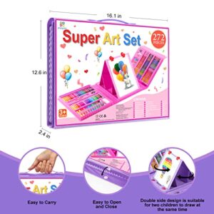 Art Supplies, 272 Pack Art Set Drawing Kit for Girls Boys Teens Artist, Deluxe Gift Art Box with Trifold Easel, Origami Paper, Coloring Pad, Drawing Pad, Pastels, Crayons, Pencils, Watercolors(Purple)