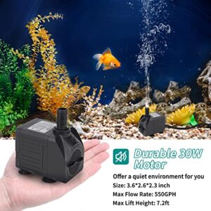 FREESEA Aquarium Submersible Fountain Pump: 30W 550GPH Adjustable Quiet Water Pumps with 7.2ft High Lift for Small Pond | Waterfall | Outdoor | Statuary | Hydroponic (550GPH with tubing)