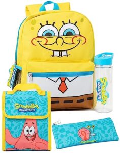spongebob squarepants backpack set kids 4 piece | blue yellow school bag patrick lunch box gary pencil case logo water bottle | tv show merchandise gifts