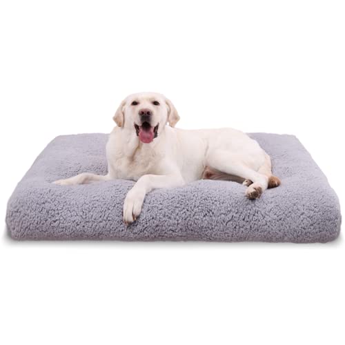 Large Dog Bed for Crate, Washable Dog Beds for Large Dogs, Ultra Deluxe Sherpa Kennel Pad, Fluffy Pet Mats with Durable Anti-Slip Bottom, 35"x23", Gray