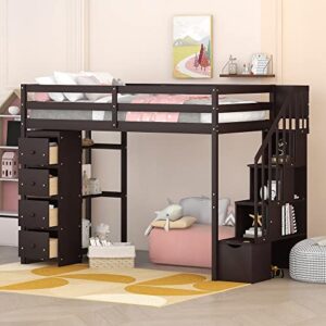 merax twin size loft bed, loft bed frame with storage drawers and stairs, wooden loft bed with shelves, espresso
