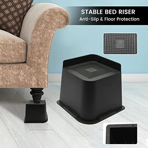 MYMULIKE Bed Risers 4 inch,6 inch, 8 inch, Oversized Furniture Risers, Support Up to 6000 Lbs, Lift 4 inch for Couch, Sofa, Table,Chair (Black 8 Pack, 4 inch)