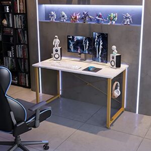 ODK Study Computer Desk 40 inch Home Office Writing Small Desk, Modern Simple Style PC Table with Storage Bag and Headphone Hook, White Marble + Gold Leg