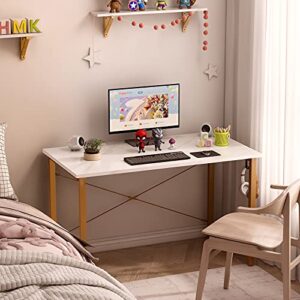 ODK Study Computer Desk 40 inch Home Office Writing Small Desk, Modern Simple Style PC Table with Storage Bag and Headphone Hook, White Marble + Gold Leg