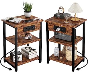 end tables set of 2 with charging station and usb ports, 3-tier narrow side table bedside table with power outlets for small space living room bedroom, nightstands with storage shelves, rustic brown