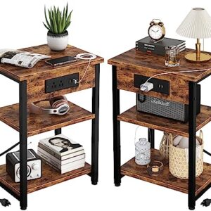 End Tables Set of 2 with Charging Station and USB Ports, 3-Tier Narrow Side Table Bedside Table with Power Outlets for Small Space Living Room Bedroom, Nightstands with Storage Shelves, Rustic Brown