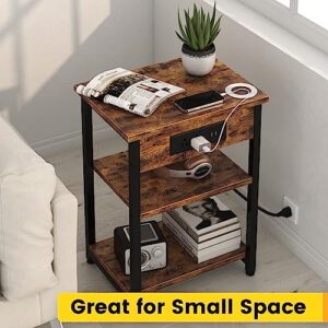 End Tables Set of 2 with Charging Station and USB Ports, 3-Tier Narrow Side Table Bedside Table with Power Outlets for Small Space Living Room Bedroom, Nightstands with Storage Shelves, Rustic Brown