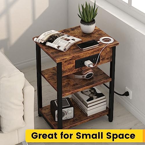 End Tables Set of 2 with Charging Station and USB Ports, 3-Tier Narrow Side Table Bedside Table with Power Outlets for Small Space Living Room Bedroom, Nightstands with Storage Shelves, Rustic Brown